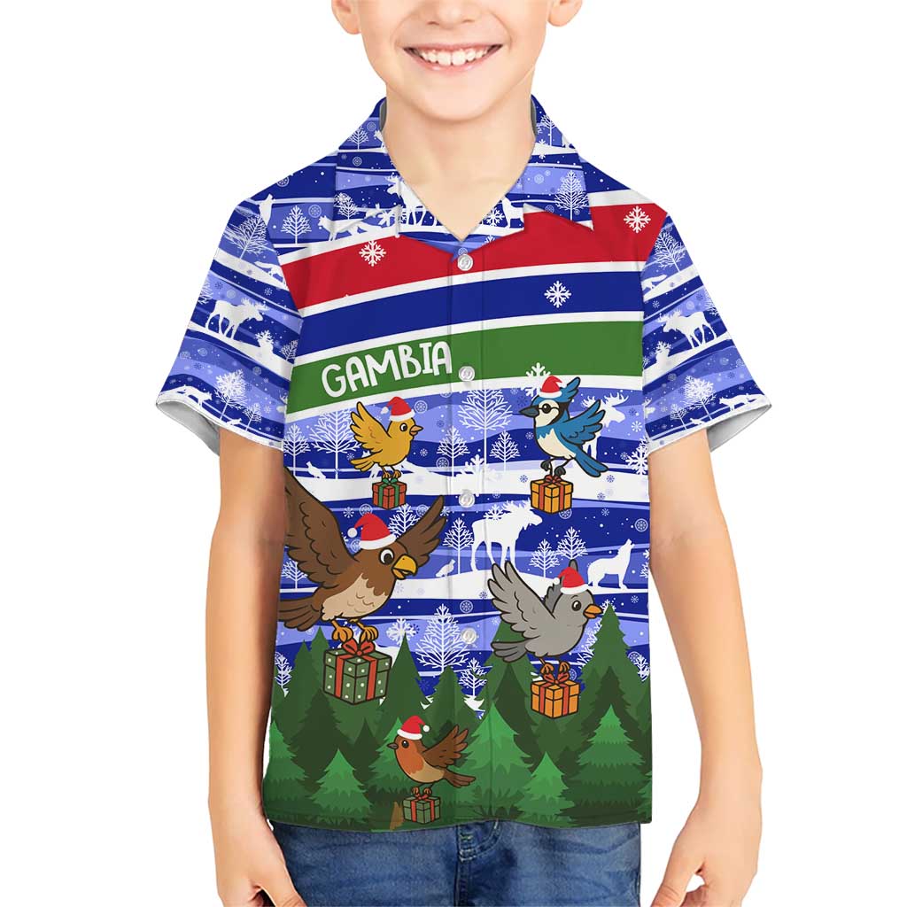 Gambia Christmas Hawaiian Shirt with Santa Birds Gift Boxes Forest Scene and Snowflake Pattern Design - Wonder Print Shop