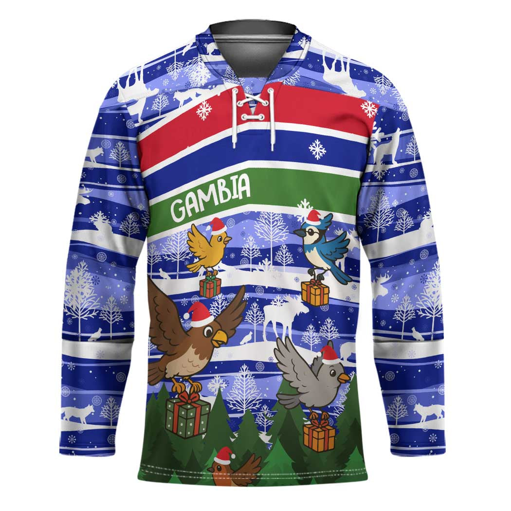 Gambia Christmas Hockey Jersey with Santa Birds Gift Boxes Forest Scene and Snowflake Pattern Design - Wonder Print Shop