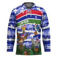 Gambia Christmas Hockey Jersey with Santa Birds Gift Boxes Forest Scene and Snowflake Pattern Design - Wonder Print Shop
