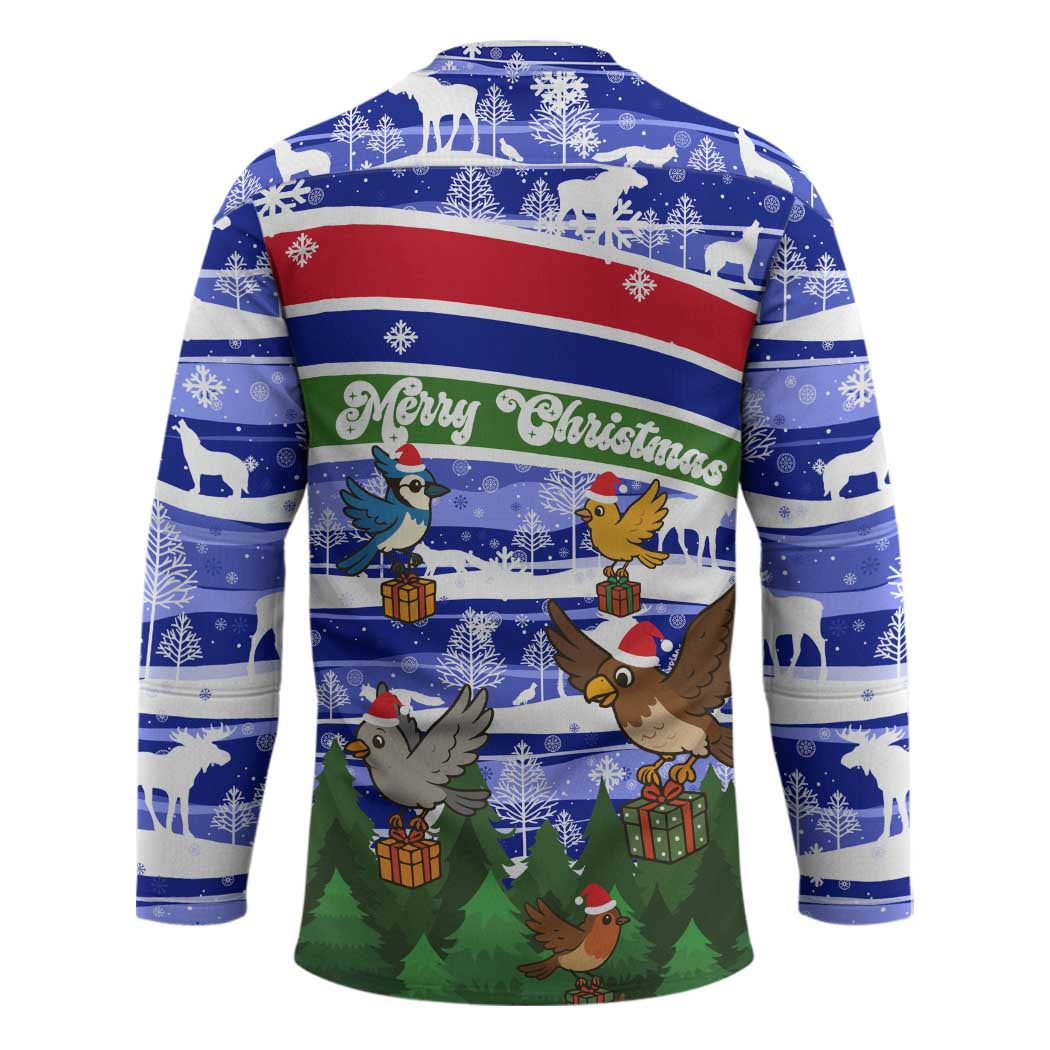 Gambia Christmas Hockey Jersey with Santa Birds Gift Boxes Forest Scene and Snowflake Pattern Design - Wonder Print Shop