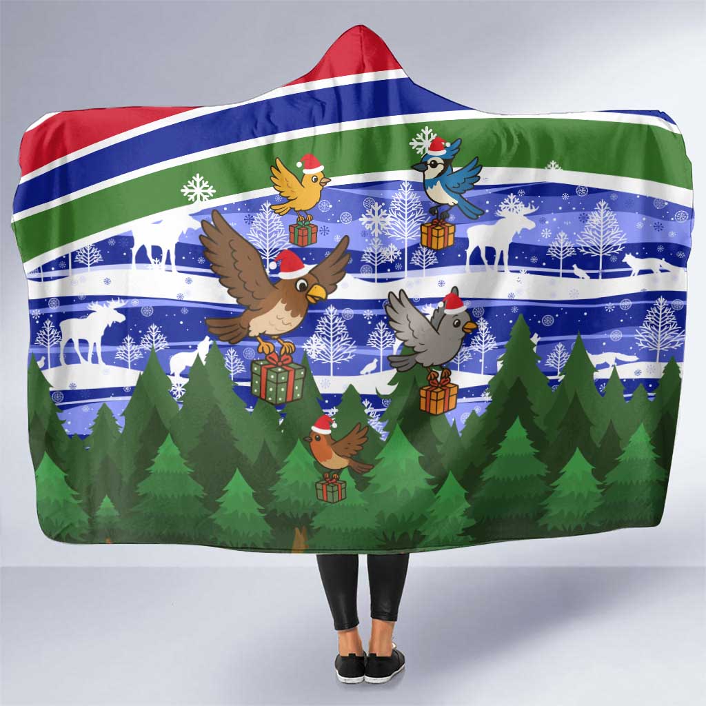 Gambia Christmas Hooded Blanket with Santa Birds Gift Boxes Forest Scene and Snowflake Pattern Design - Wonder Print Shop