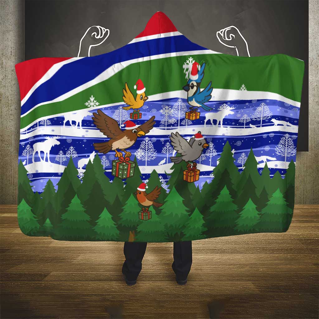 Gambia Christmas Hooded Blanket with Santa Birds Gift Boxes Forest Scene and Snowflake Pattern Design - Wonder Print Shop