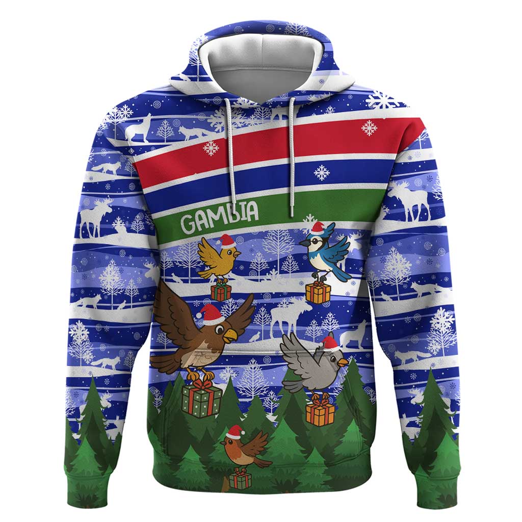 Gambia Christmas Hoodie with Santa Birds Gift Boxes Forest Scene and Snowflake Pattern Design - Wonder Print Shop
