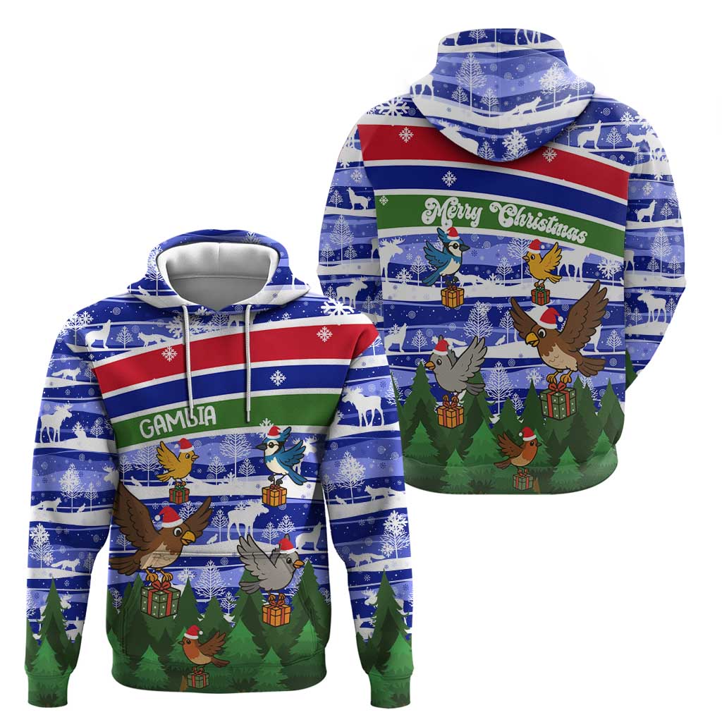 Gambia Christmas Hoodie with Santa Birds Gift Boxes Forest Scene and Snowflake Pattern Design - Wonder Print Shop