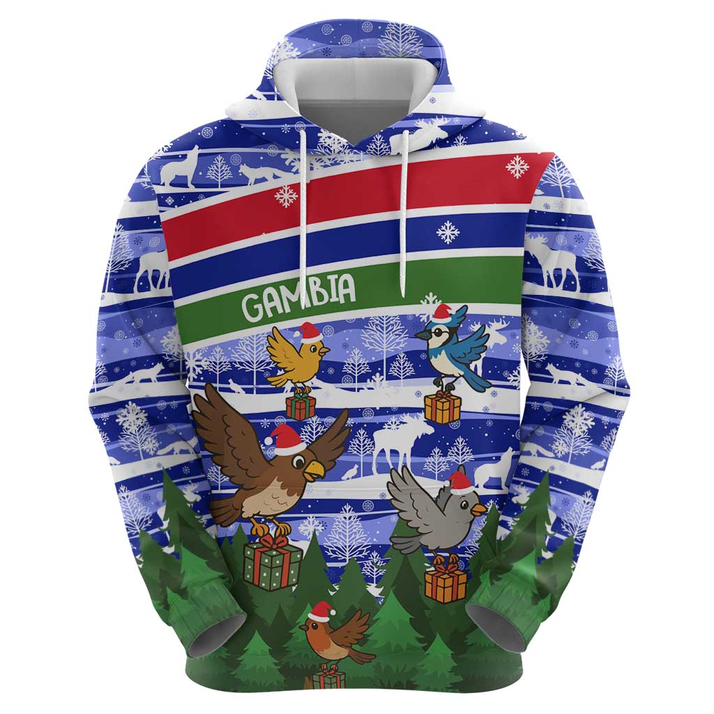 Gambia Christmas Hoodie with Santa Birds Gift Boxes Forest Scene and Snowflake Pattern Design - Wonder Print Shop