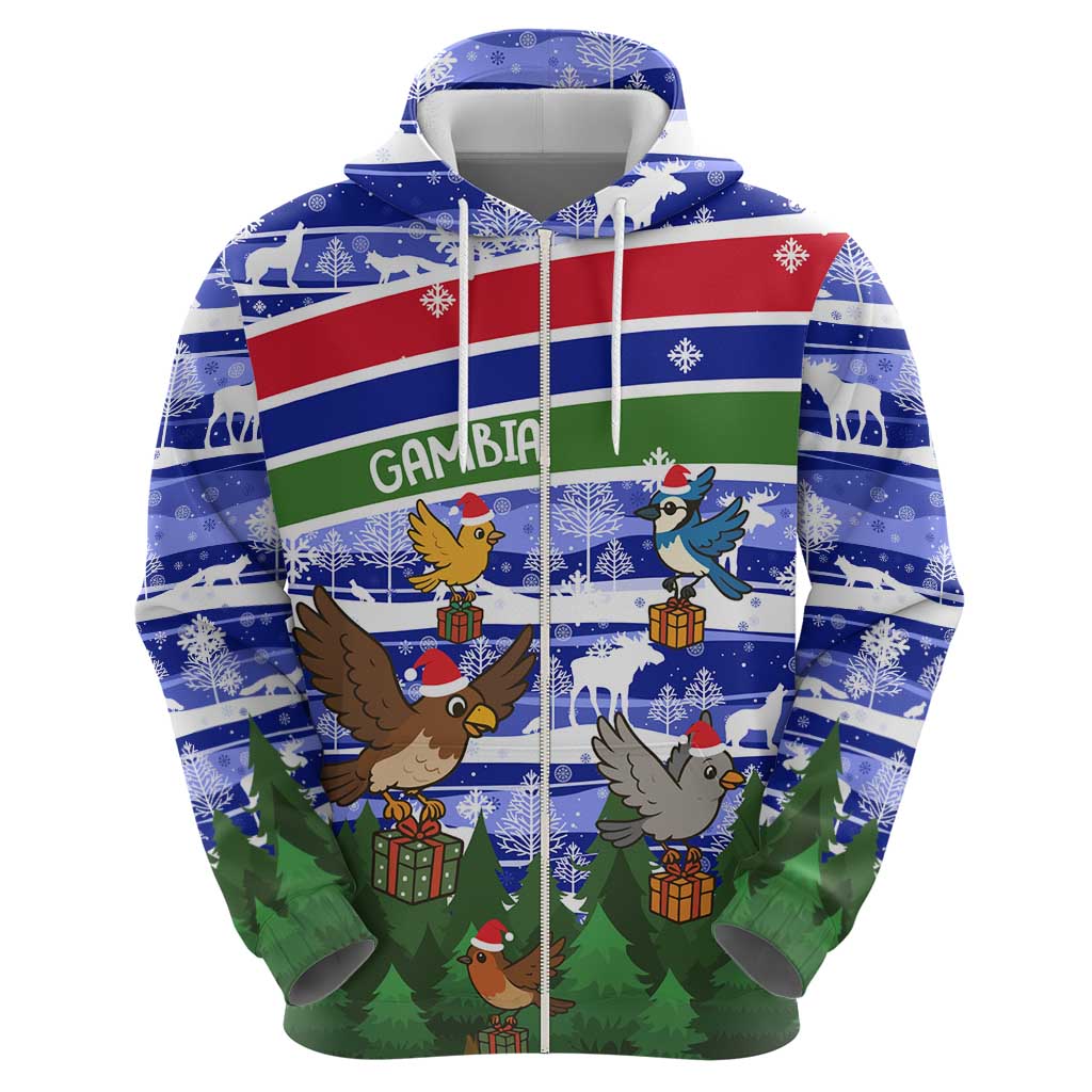Gambia Christmas Hoodie with Santa Birds Gift Boxes Forest Scene and Snowflake Pattern Design - Wonder Print Shop