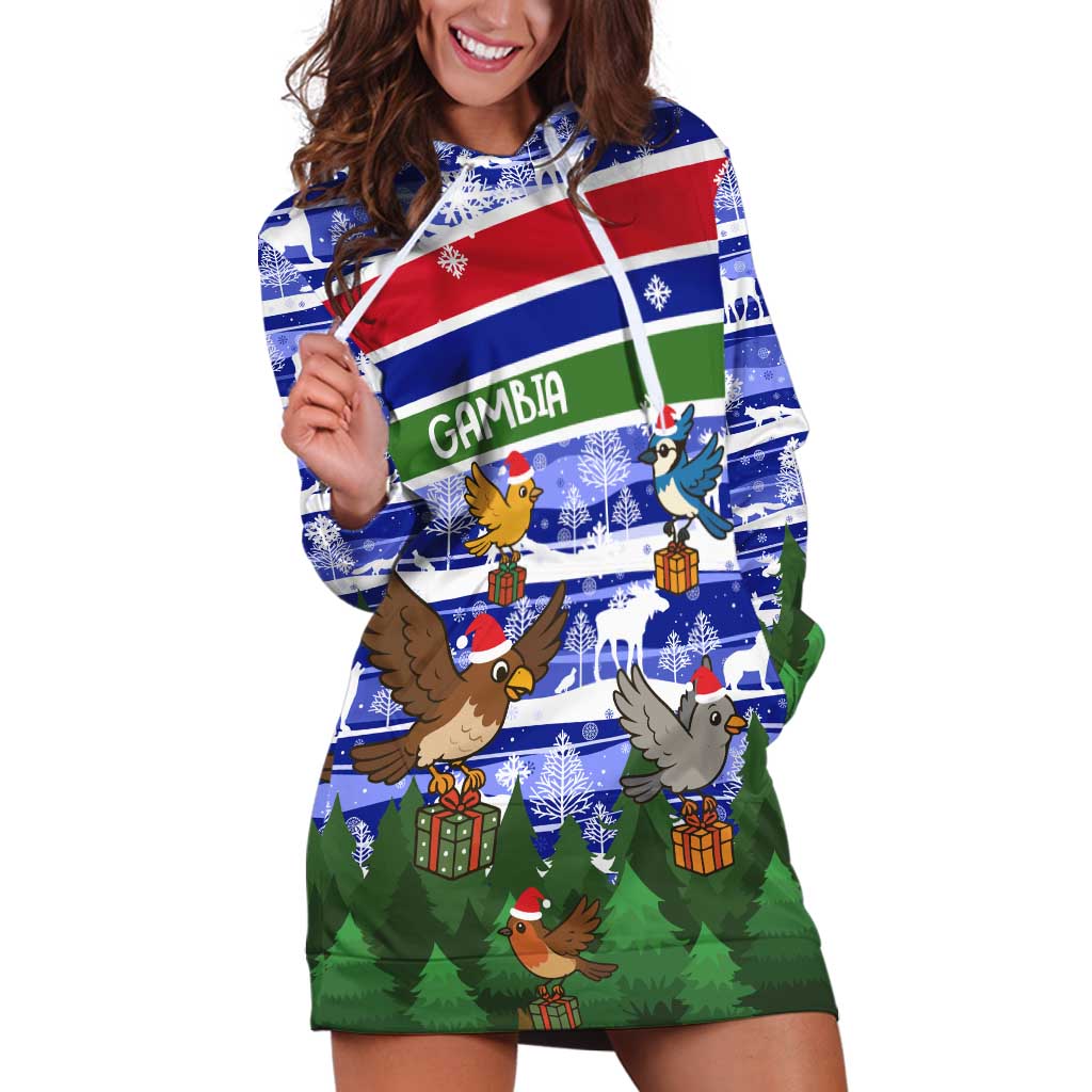 Gambia Christmas Hoodie Dress with Santa Birds Gift Boxes Forest Scene and Snowflake Pattern Design - Wonder Print Shop