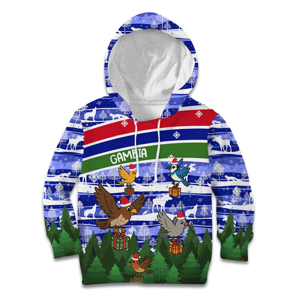 Gambia Christmas Kid Hoodie with Santa Birds Gift Boxes Forest Scene and Snowflake Pattern Design - Wonder Print Shop