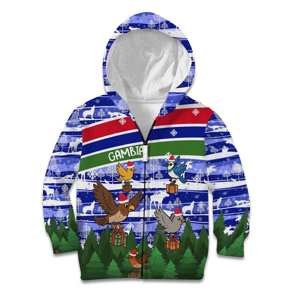 Gambia Christmas Kid Hoodie with Santa Birds Gift Boxes Forest Scene and Snowflake Pattern Design - Wonder Print Shop