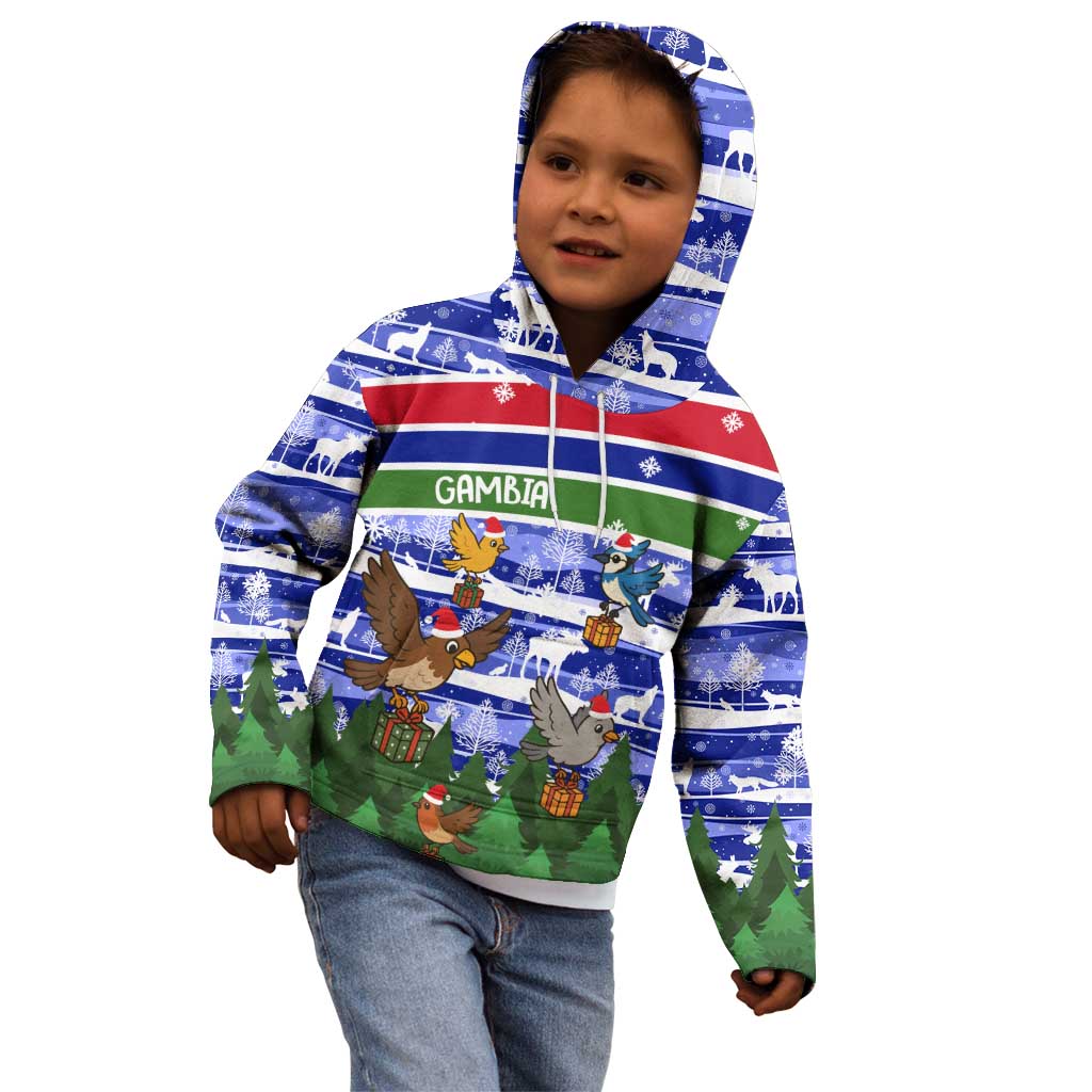 Gambia Christmas Kid Hoodie with Santa Birds Gift Boxes Forest Scene and Snowflake Pattern Design - Wonder Print Shop