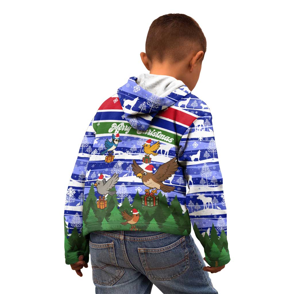 Gambia Christmas Kid Hoodie with Santa Birds Gift Boxes Forest Scene and Snowflake Pattern Design - Wonder Print Shop