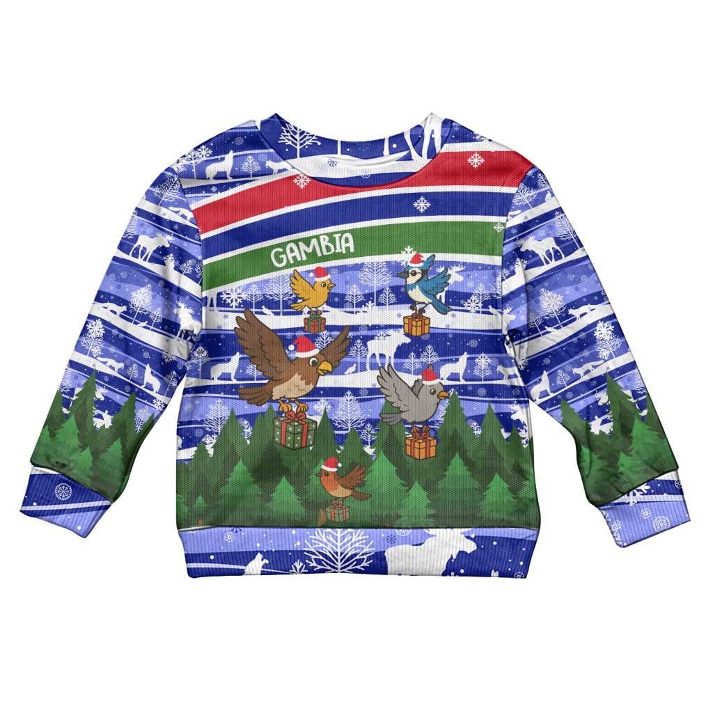 Gambia Christmas Kid Ugly Christmas Sweater with Santa Birds Gift Boxes Forest Scene and Snowflake Pattern Design - Wonder Print Shop