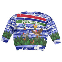 Gambia Christmas Kid Ugly Christmas Sweater with Santa Birds Gift Boxes Forest Scene and Snowflake Pattern Design - Wonder Print Shop
