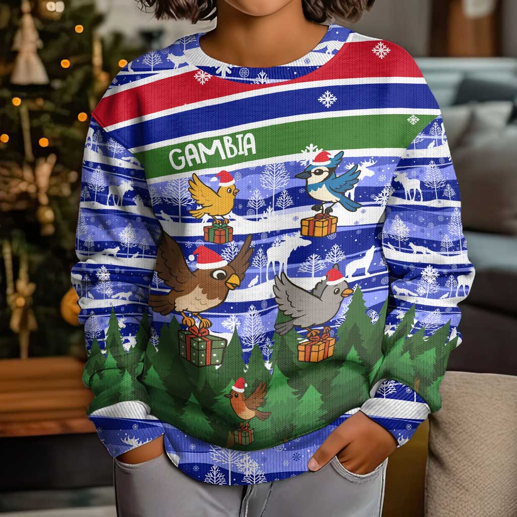 Gambia Christmas Kid Ugly Christmas Sweater with Santa Birds Gift Boxes Forest Scene and Snowflake Pattern Design - Wonder Print Shop