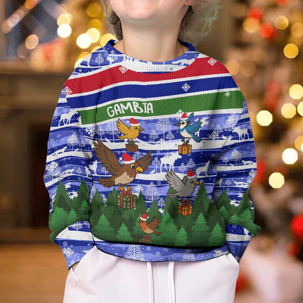 Gambia Christmas Kid Ugly Christmas Sweater with Santa Birds Gift Boxes Forest Scene and Snowflake Pattern Design - Wonder Print Shop