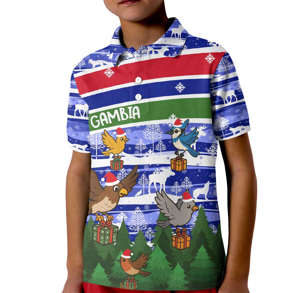 Gambia Christmas Kid Polo Shirt with Santa Birds Gift Boxes Forest Scene and Snowflake Pattern Design - Wonder Print Shop