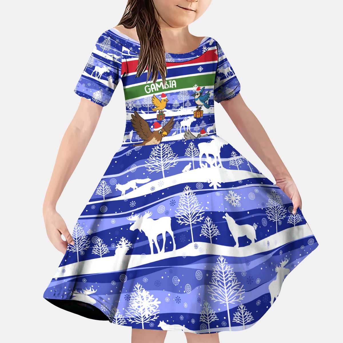 Gambia Christmas Kid Short Sleeve Dress with Santa Birds Gift Boxes Forest Scene and Snowflake Pattern Design - Wonder Print Shop