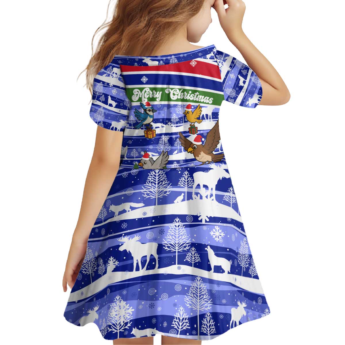 Gambia Christmas Kid Short Sleeve Dress with Santa Birds Gift Boxes Forest Scene and Snowflake Pattern Design - Wonder Print Shop