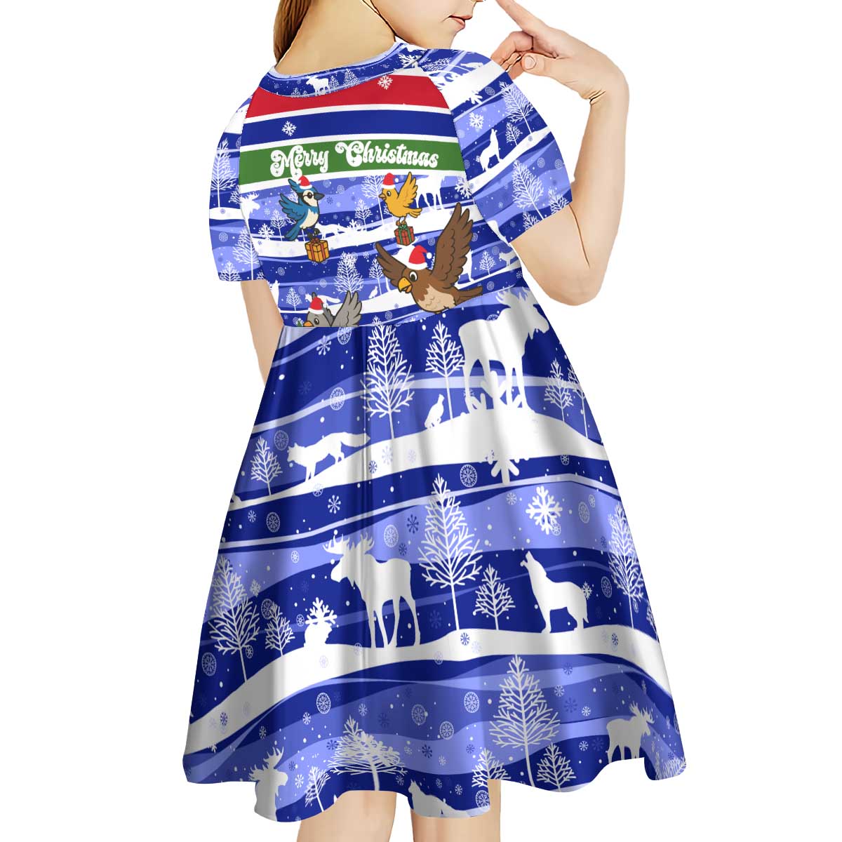 Gambia Christmas Kid Short Sleeve Dress with Santa Birds Gift Boxes Forest Scene and Snowflake Pattern Design - Wonder Print Shop