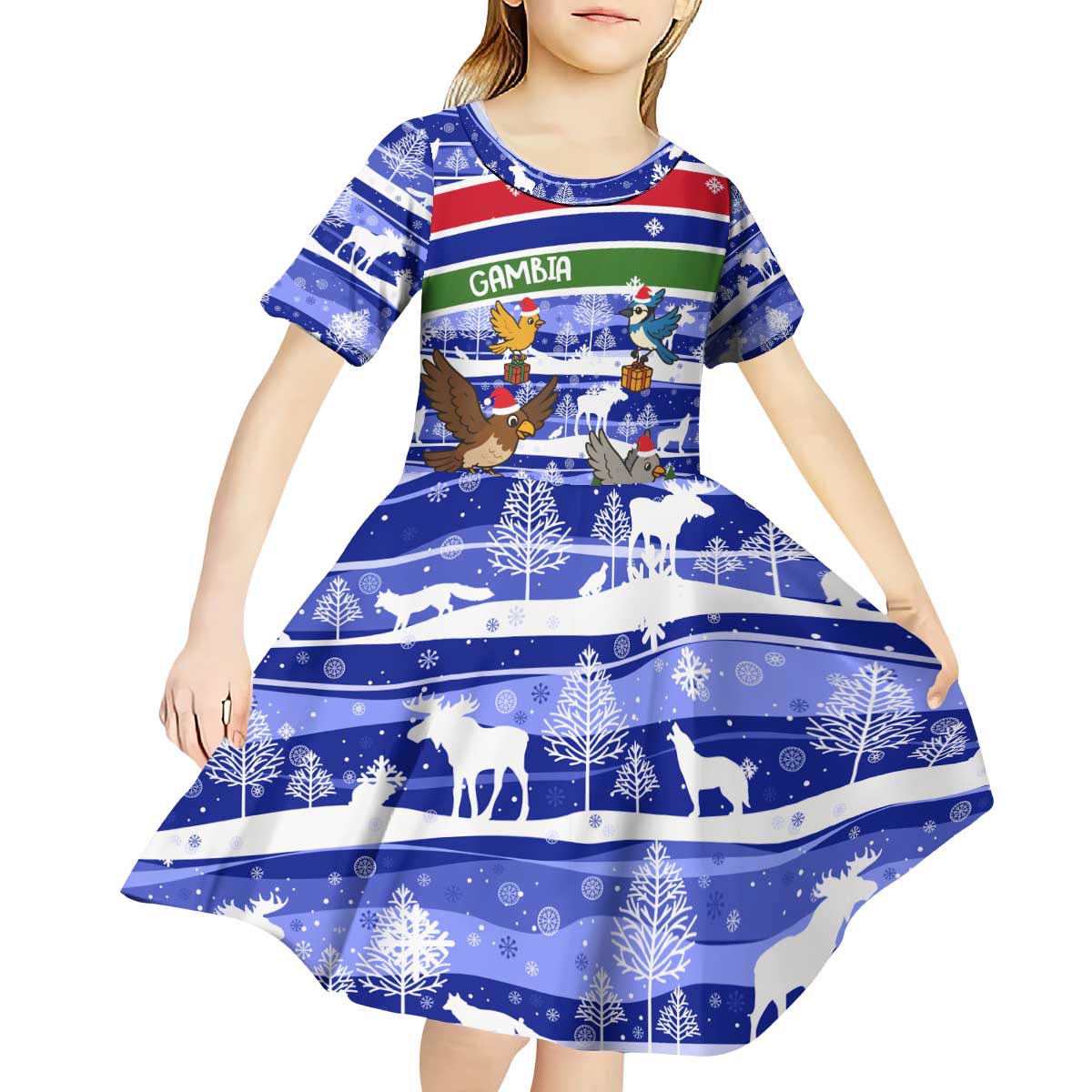 Gambia Christmas Kid Short Sleeve Dress with Santa Birds Gift Boxes Forest Scene and Snowflake Pattern Design - Wonder Print Shop