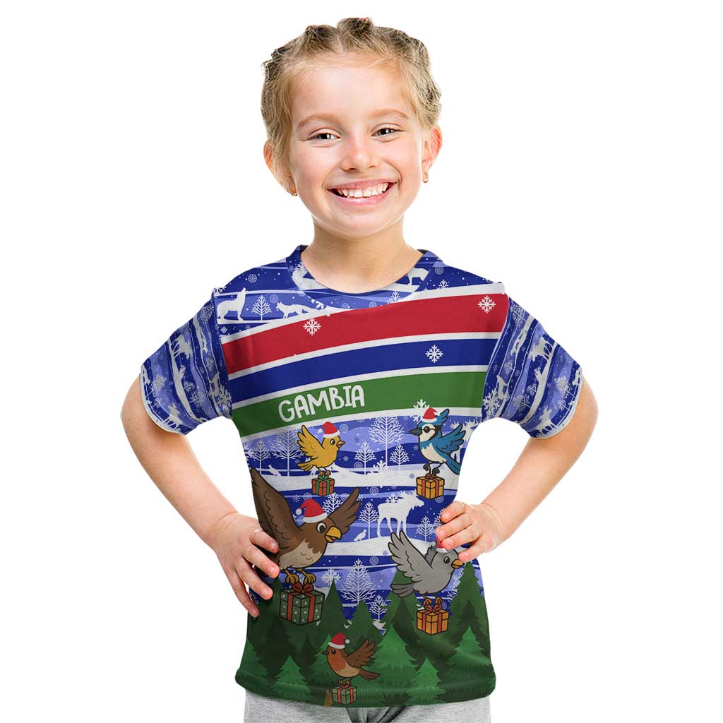 Gambia Christmas Kid T Shirt with Santa Birds Gift Boxes Forest Scene and Snowflake Pattern Design - Wonder Print Shop