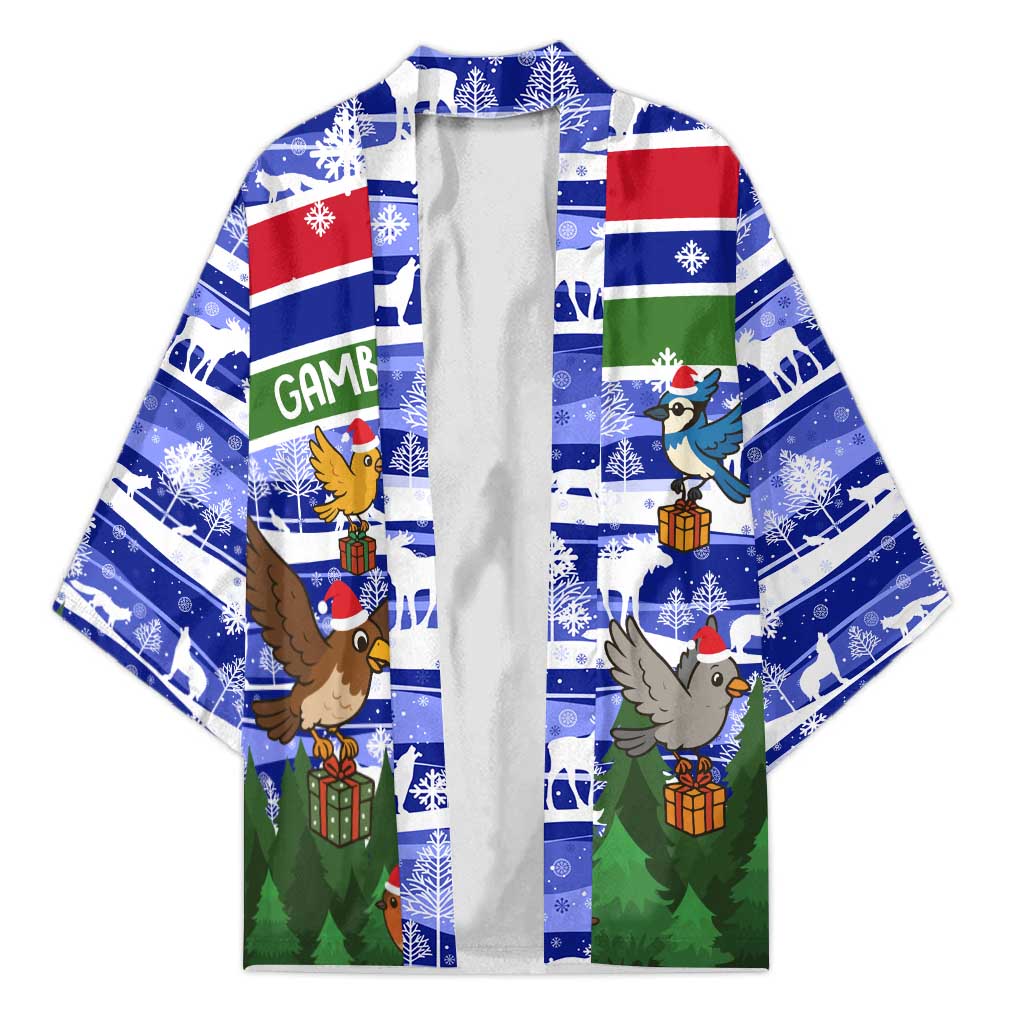Gambia Christmas Kimono with Santa Birds Gift Boxes Forest Scene and Snowflake Pattern Design - Wonder Print Shop