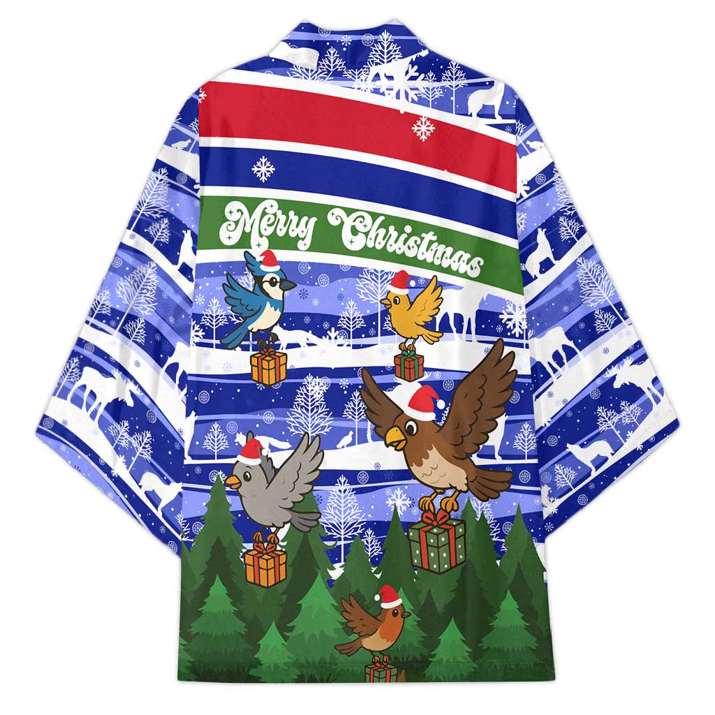 Gambia Christmas Kimono with Santa Birds Gift Boxes Forest Scene and Snowflake Pattern Design - Wonder Print Shop