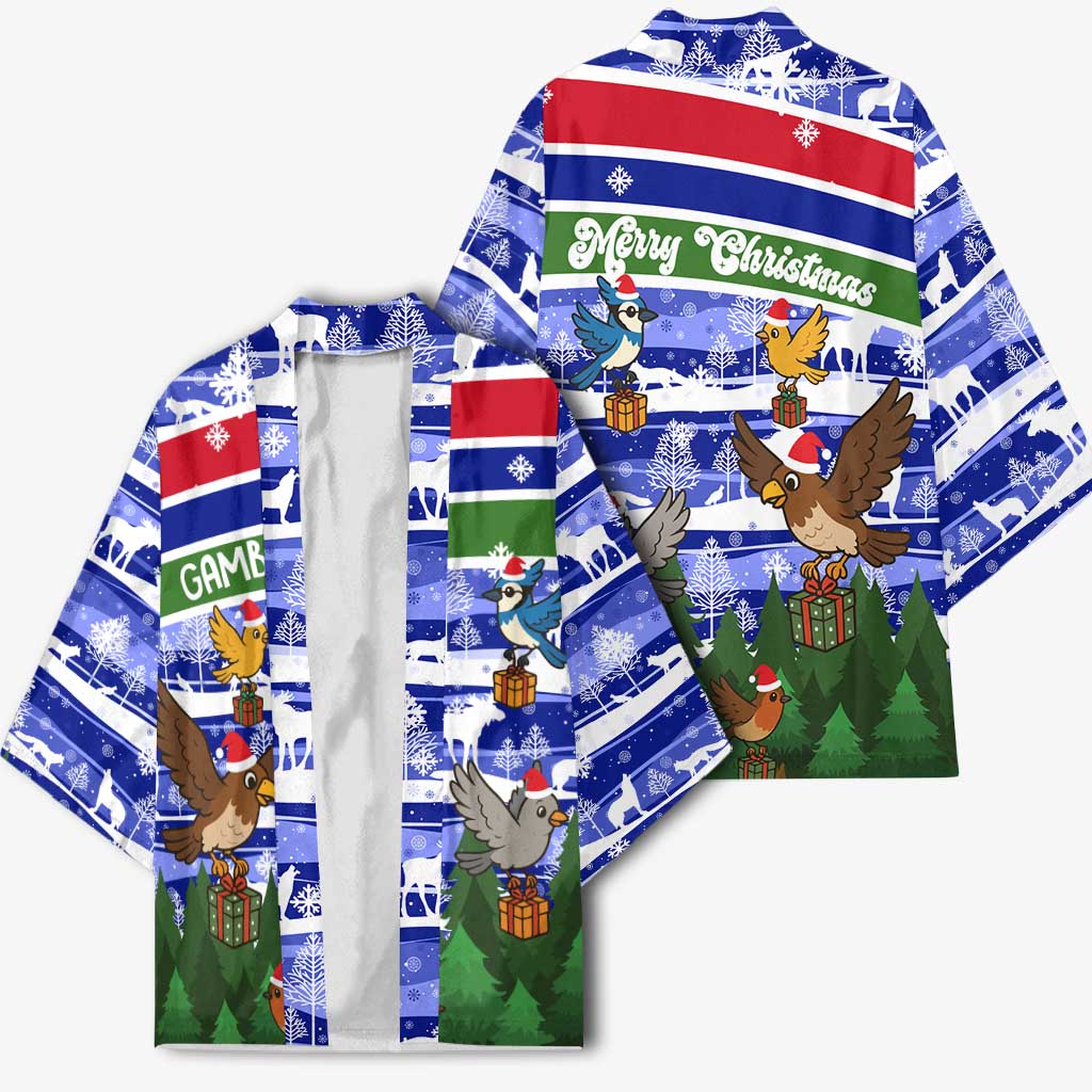 Gambia Christmas Kimono with Santa Birds Gift Boxes Forest Scene and Snowflake Pattern Design - Wonder Print Shop