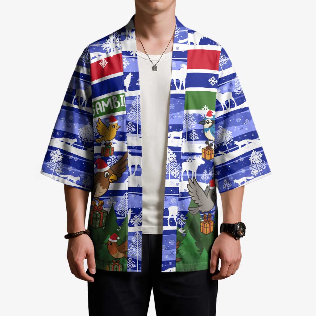 Gambia Christmas Kimono with Santa Birds Gift Boxes Forest Scene and Snowflake Pattern Design - Wonder Print Shop