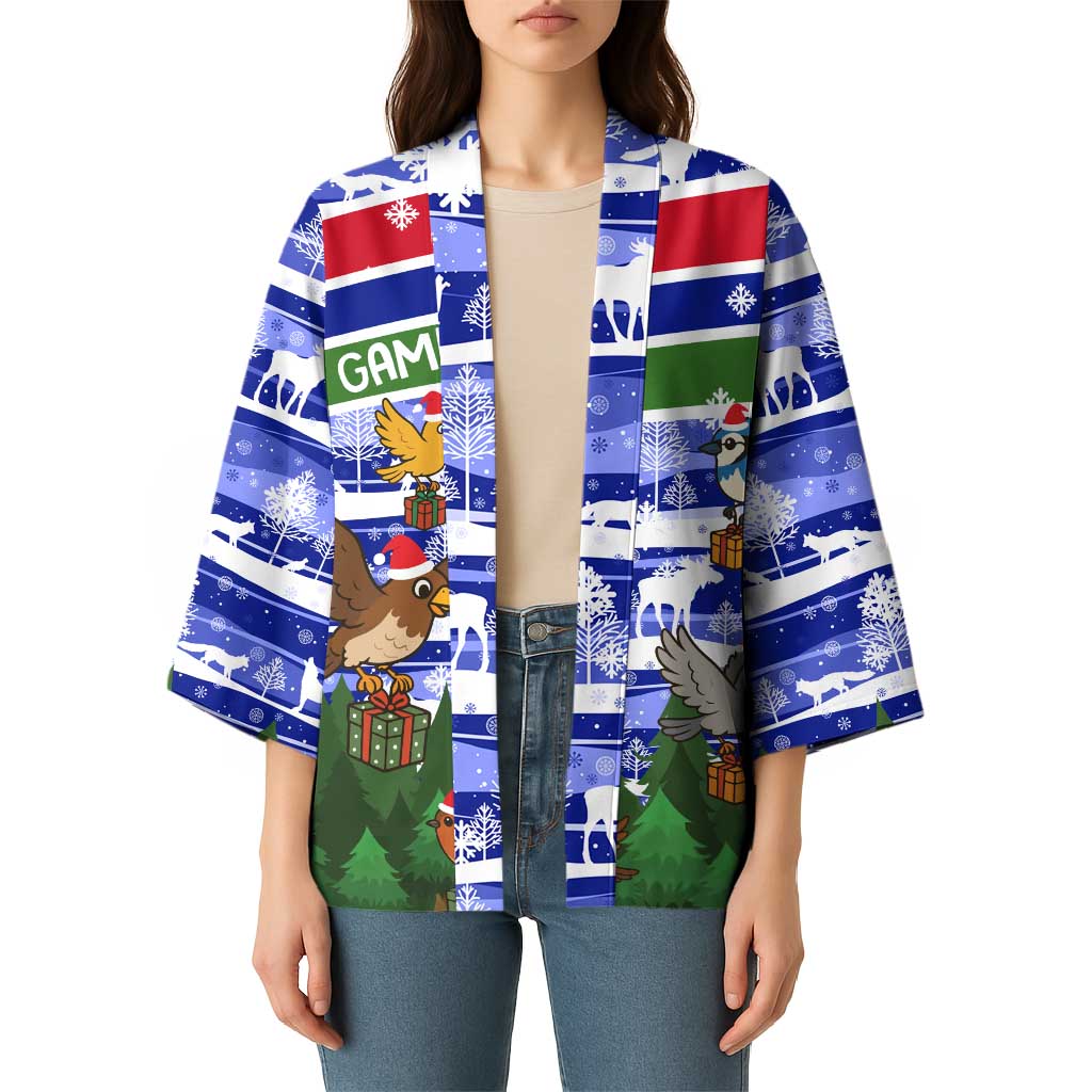 Gambia Christmas Kimono with Santa Birds Gift Boxes Forest Scene and Snowflake Pattern Design - Wonder Print Shop