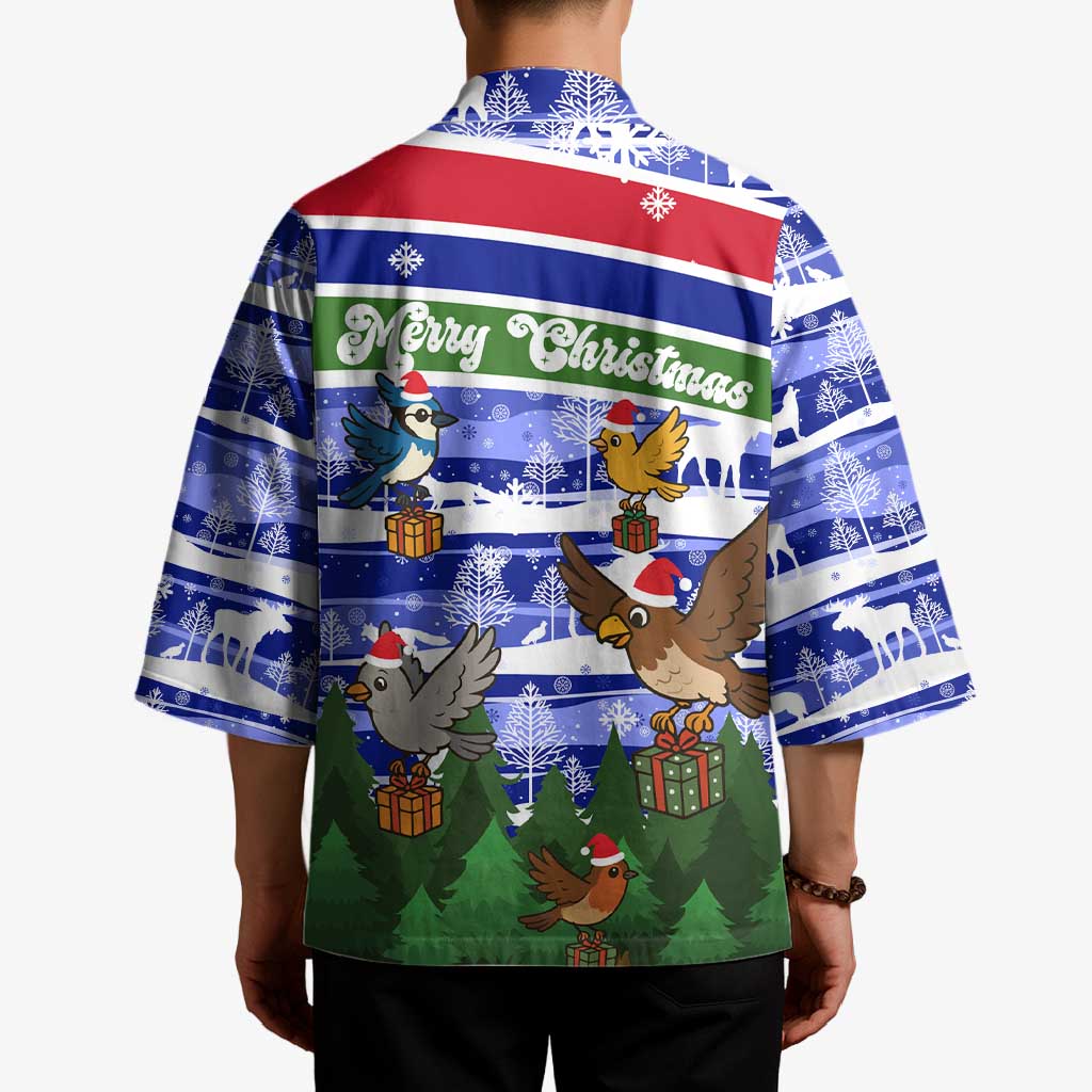 Gambia Christmas Kimono with Santa Birds Gift Boxes Forest Scene and Snowflake Pattern Design - Wonder Print Shop