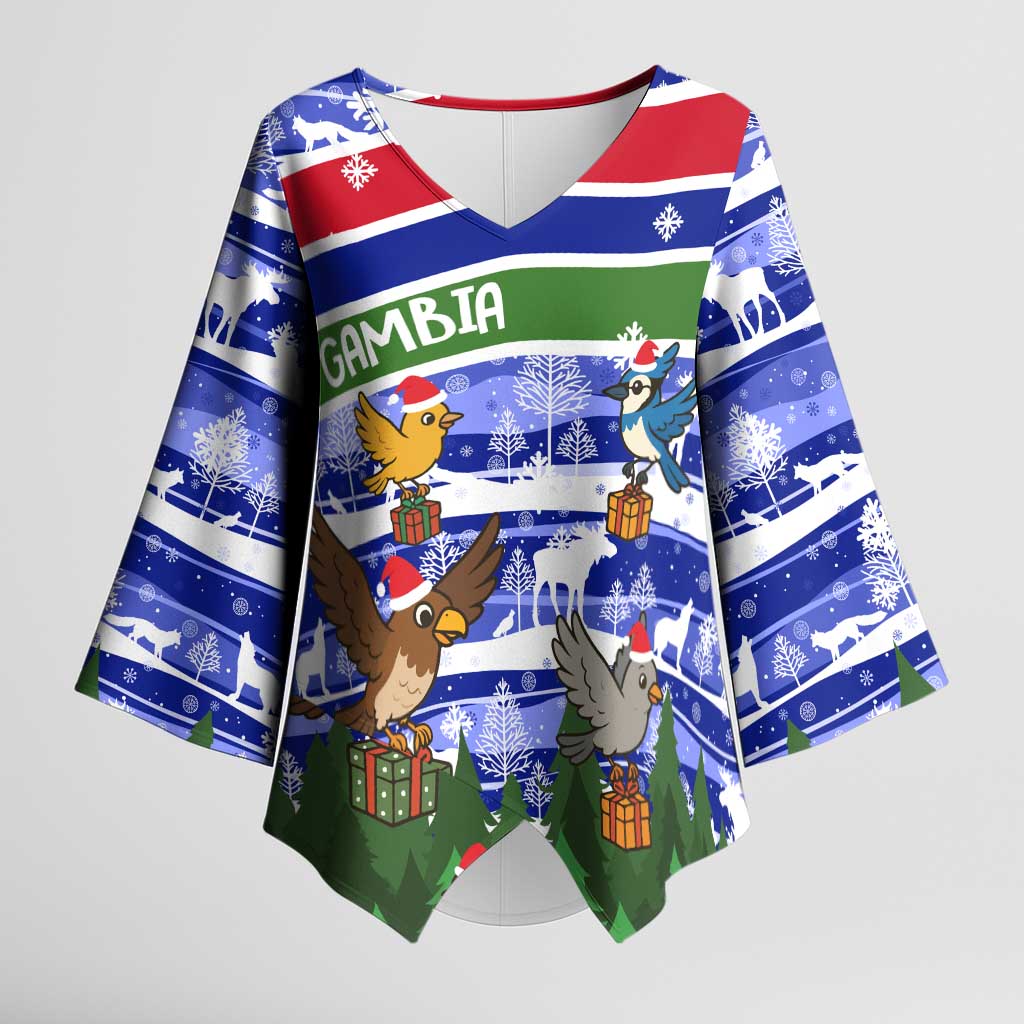 Gambia Christmas Kimono Sleeve Blouse with Santa Birds Gift Boxes Forest Scene and Snowflake Pattern Design - Wonder Print Shop