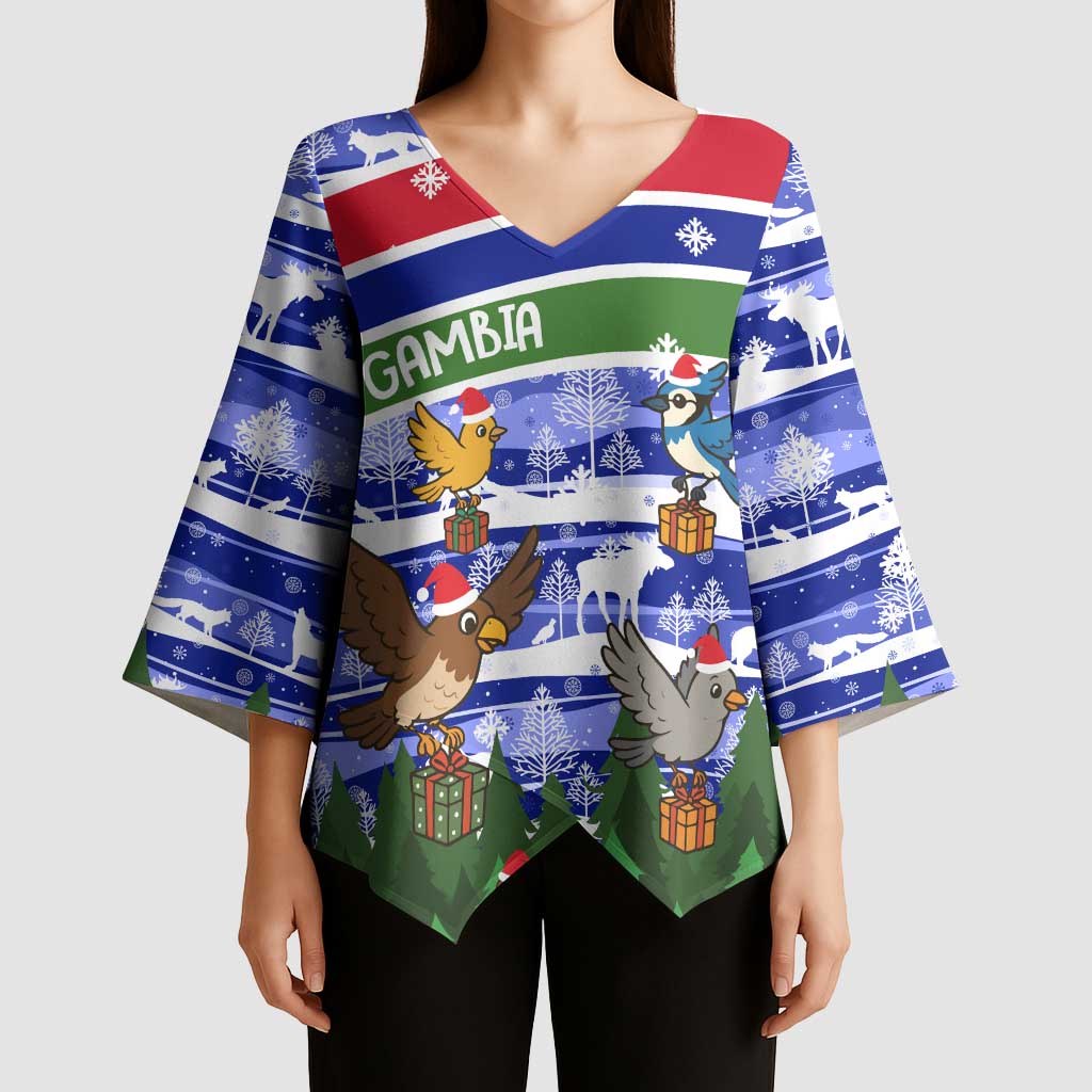 Gambia Christmas Kimono Sleeve Blouse with Santa Birds Gift Boxes Forest Scene and Snowflake Pattern Design - Wonder Print Shop