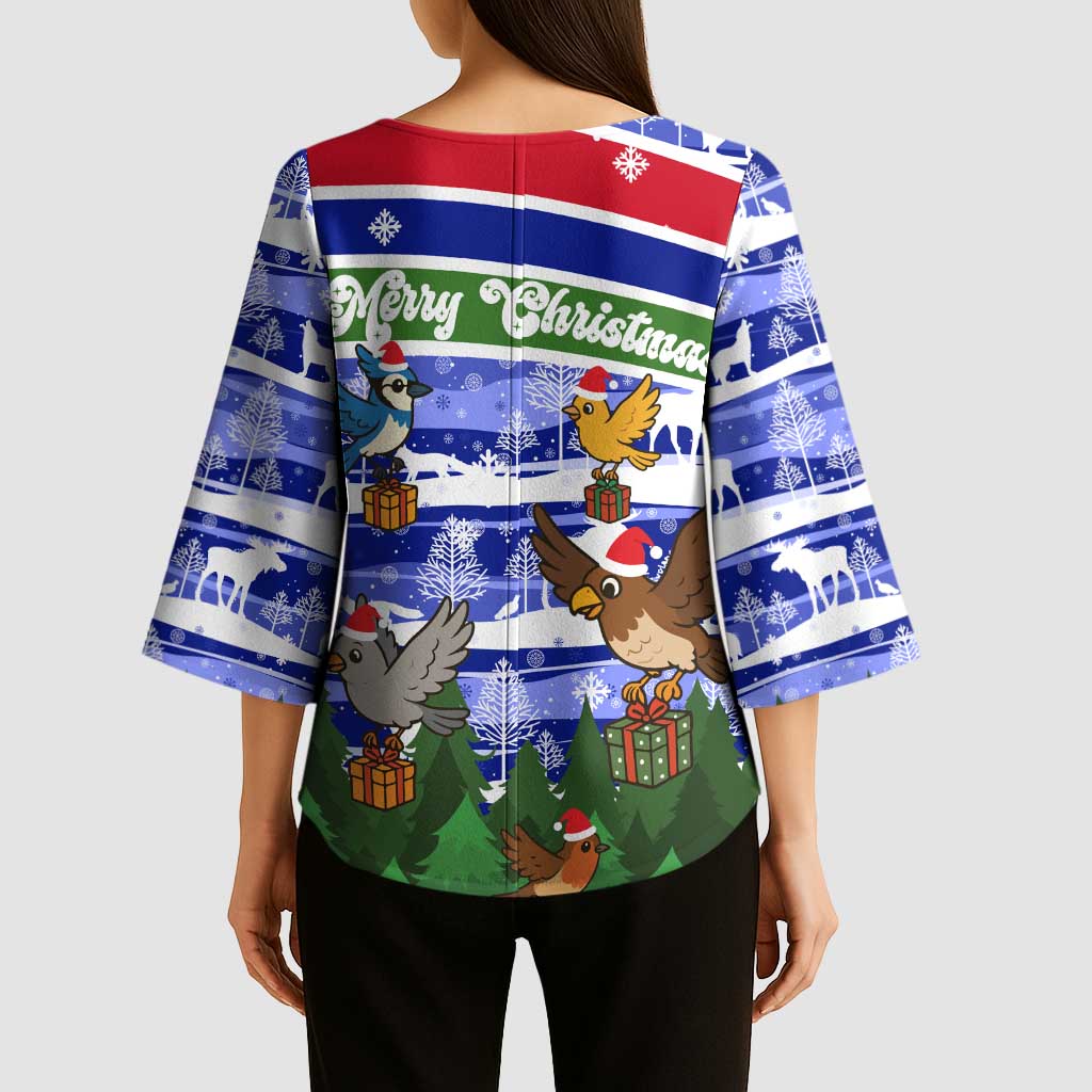 Gambia Christmas Kimono Sleeve Blouse with Santa Birds Gift Boxes Forest Scene and Snowflake Pattern Design - Wonder Print Shop
