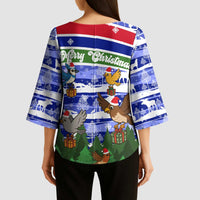 Gambia Christmas Kimono Sleeve Blouse with Santa Birds Gift Boxes Forest Scene and Snowflake Pattern Design - Wonder Print Shop