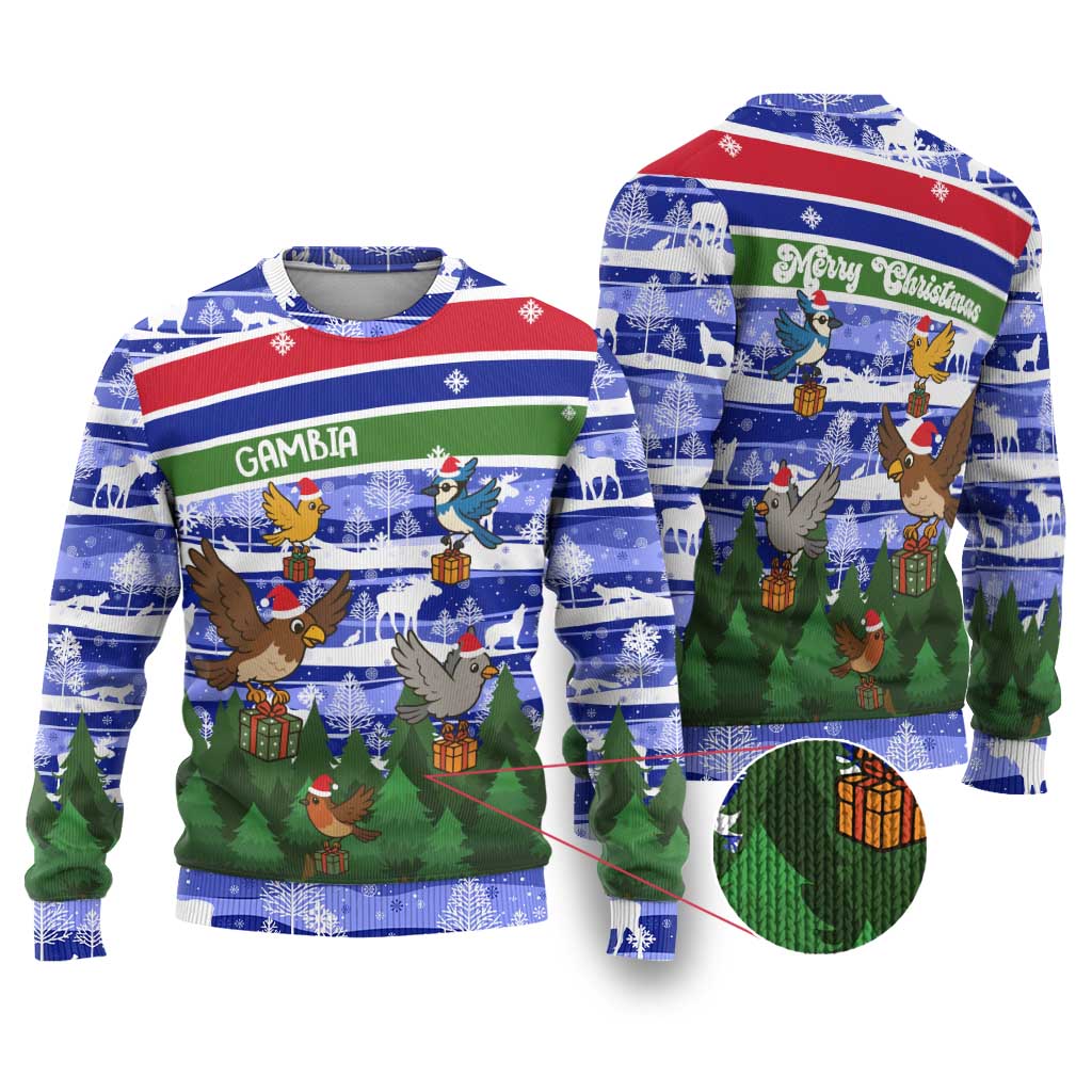 Gambia Christmas Ugly Christmas Sweater with Santa Birds Gift Boxes Forest Scene and Snowflake Pattern Design - Wonder Print Shop