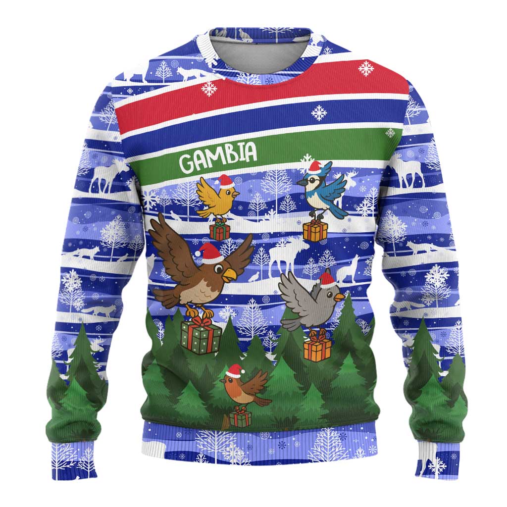 Gambia Christmas Ugly Christmas Sweater with Santa Birds Gift Boxes Forest Scene and Snowflake Pattern Design - Wonder Print Shop
