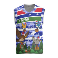 Gambia Christmas Knitted V-Neck Vest with Santa Birds Gift Boxes Forest Scene and Snowflake Pattern Design - Wonder Print Shop