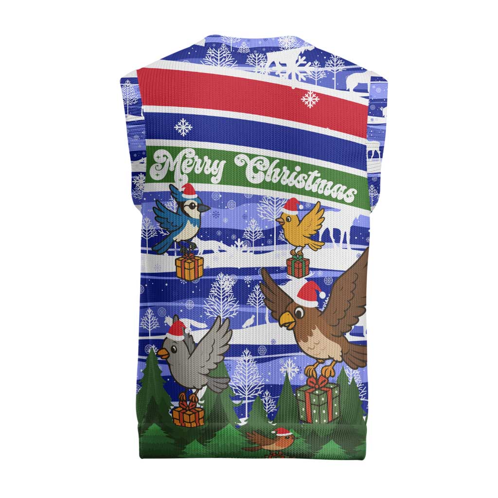 Gambia Christmas Knitted V-Neck Vest with Santa Birds Gift Boxes Forest Scene and Snowflake Pattern Design - Wonder Print Shop