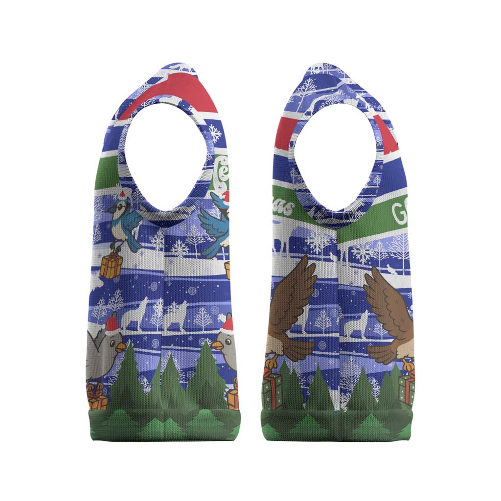 Gambia Christmas Knitted V-Neck Vest with Santa Birds Gift Boxes Forest Scene and Snowflake Pattern Design - Wonder Print Shop