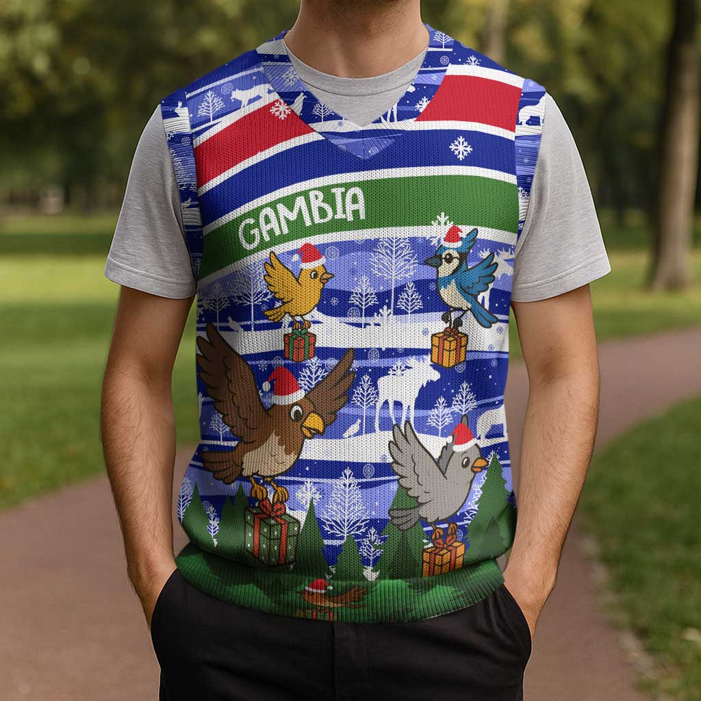 Gambia Christmas Knitted V-Neck Vest with Santa Birds Gift Boxes Forest Scene and Snowflake Pattern Design - Wonder Print Shop