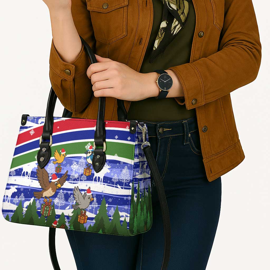 Gambia Christmas Leather Bag with Santa Birds Gift Boxes Forest Scene and Snowflake Pattern Design - Wonder Print Shop
