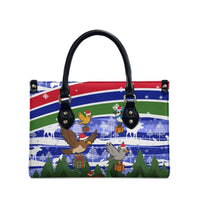 Gambia Christmas Leather Bag with Santa Birds Gift Boxes Forest Scene and Snowflake Pattern Design - Wonder Print Shop