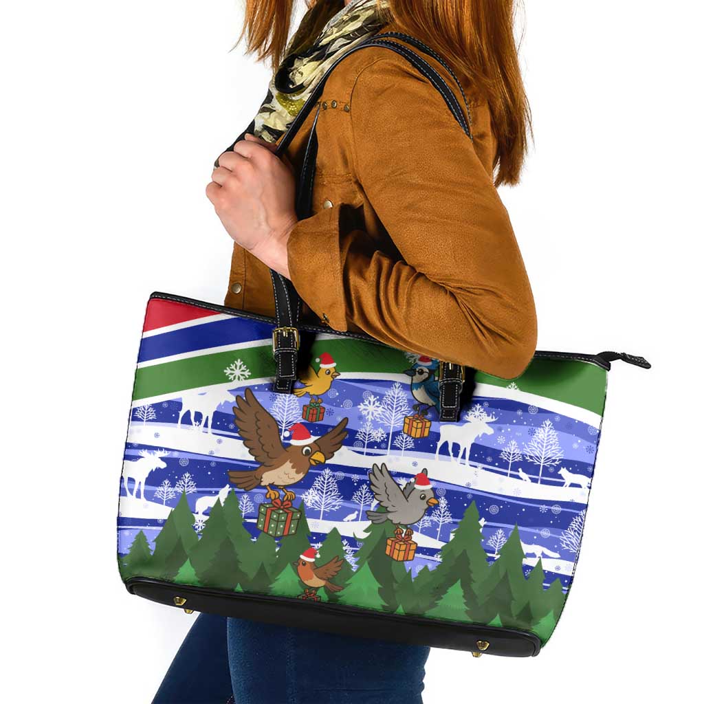 Gambia Christmas Leather Tote Bag with Santa Birds Gift Boxes Forest Scene and Snowflake Pattern Design - Wonder Print Shop