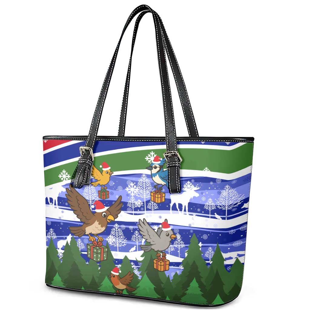 Gambia Christmas Leather Tote Bag with Santa Birds Gift Boxes Forest Scene and Snowflake Pattern Design - Wonder Print Shop