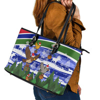 Gambia Christmas Leather Tote Bag with Santa Birds Gift Boxes Forest Scene and Snowflake Pattern Design - Wonder Print Shop