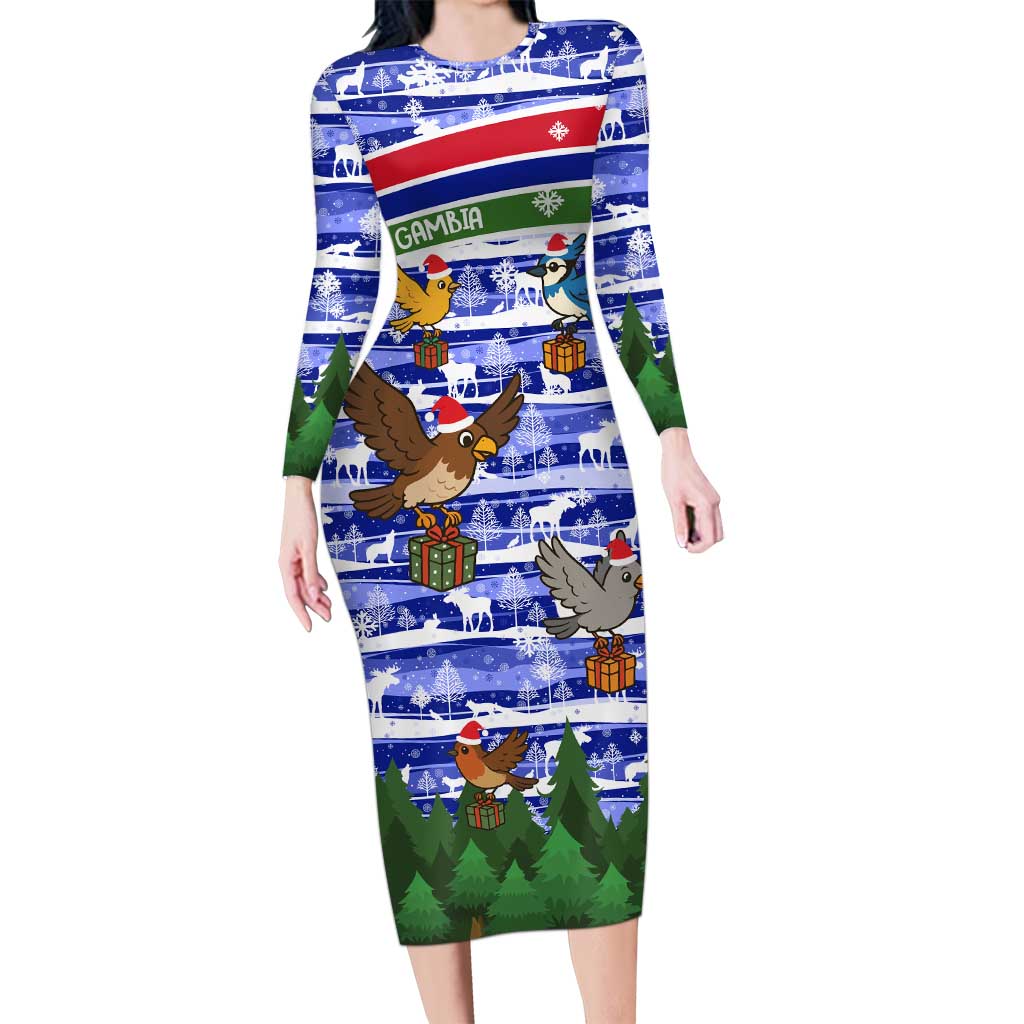 Gambia Christmas Long Sleeve Bodycon Dress with Santa Birds Gift Boxes Forest Scene and Snowflake Pattern Design - Wonder Print Shop