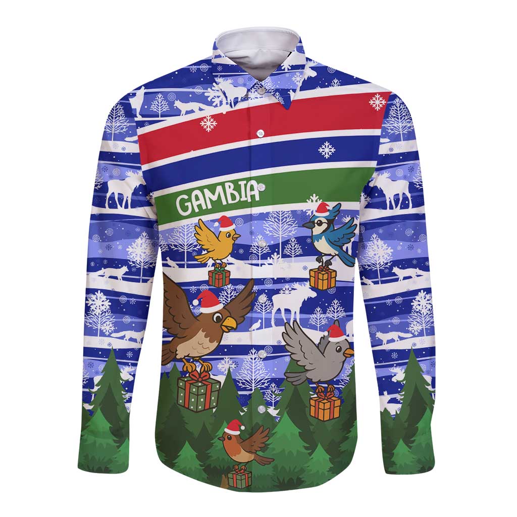 Gambia Christmas Long Sleeve Button Shirt with Santa Birds Gift Boxes Forest Scene and Snowflake Pattern Design - Wonder Print Shop