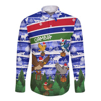 Gambia Christmas Long Sleeve Button Shirt with Santa Birds Gift Boxes Forest Scene and Snowflake Pattern Design - Wonder Print Shop