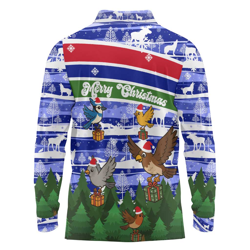Gambia Christmas Long Sleeve Polo Shirt with Santa Birds Gift Boxes Forest Scene and Snowflake Pattern Design - Wonder Print Shop
